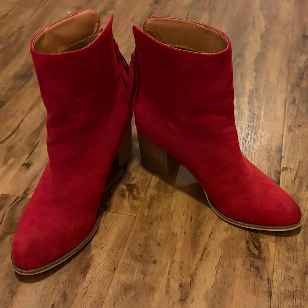 Red Suede Ankle Booties with Block Heel